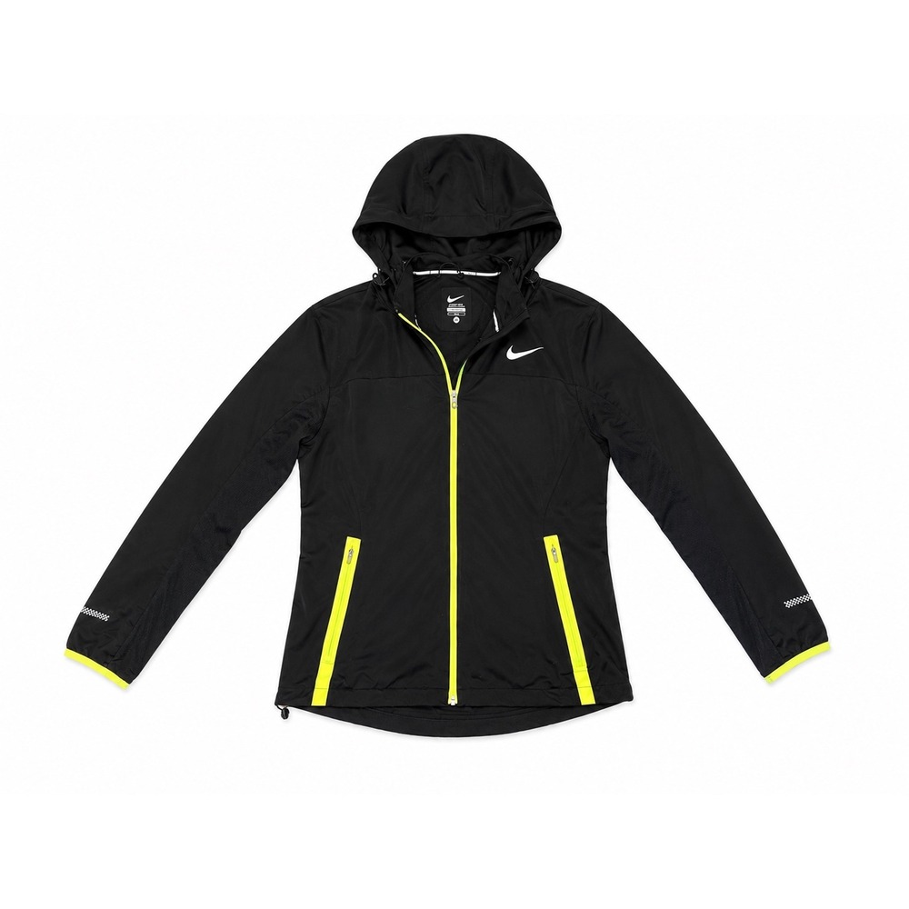 Nike Running Windbreaker Jacket Black Neon Yellow Detachable Hood Women's Medium